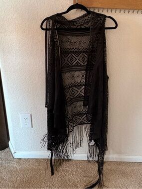 OP Black Crochet Fringe Cover-Up Vest